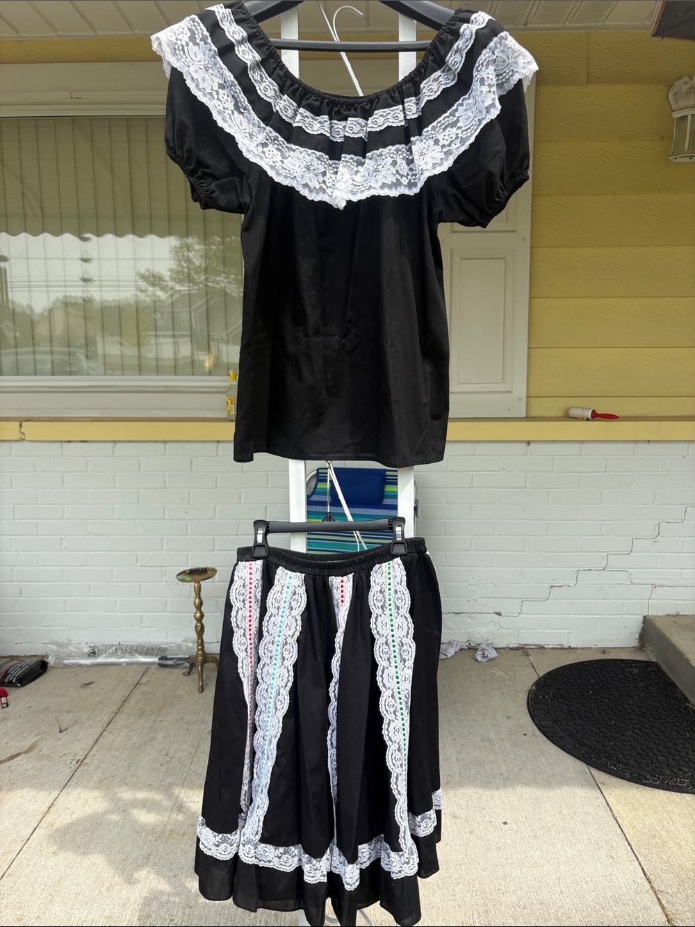 Black Lace-Trim A-Line Skirt with Matching Top